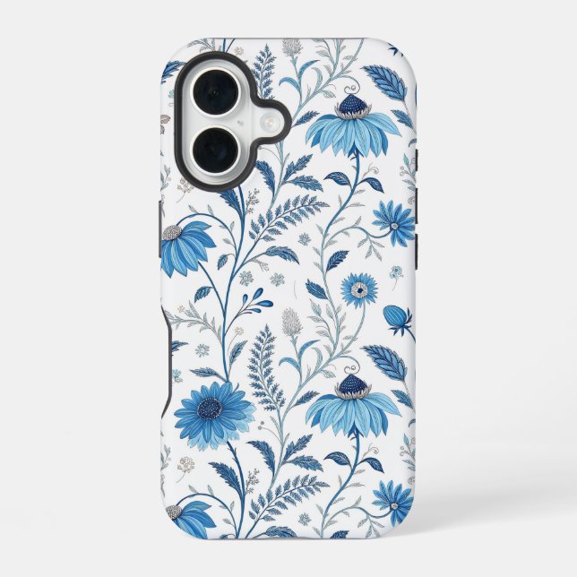 Coque iPhone 16 Chinoiserie Blue Echinacea Pattern (Verso)