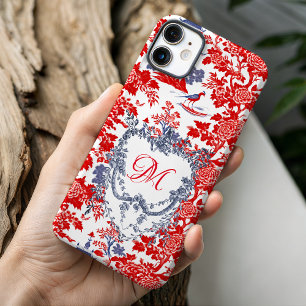 Coque iPhone 16 Chinoiserie Delft Monogramme Rouge Bleu Vintage