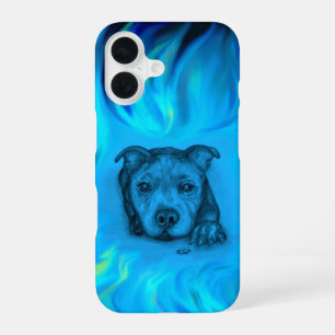 Coque iPhone 16 Chiots Staffy Bleu
