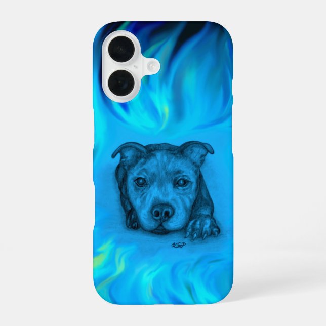 Coque iPhone 16 Chiots Staffy Bleu (Verso)