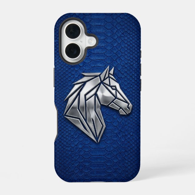 Coque iPhone 16 Chrome Argent Géométrique Cheval Python Bleu iPhon (Verso)