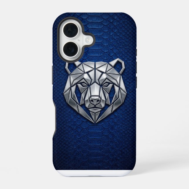 Coque iPhone 16 Chrome Argent Géométrique Ours Python Bleu iPhone (Verso)