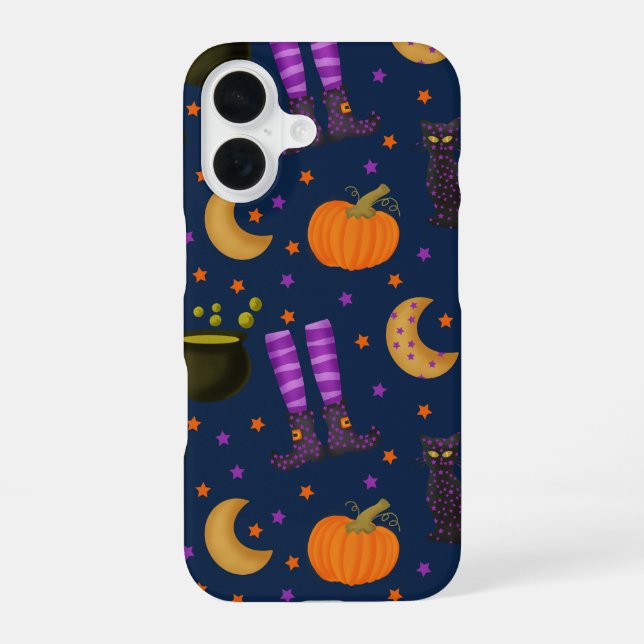 Coque iPhone 16 Citrouilles, chats et lunes d'Halloween mignons (Verso)