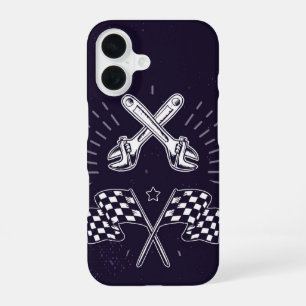 Coque iPhone 16 Clé à écrou et drapeau à damier Mécanicien Moto Ré