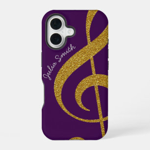 Coque iPhone 16 clé de sol en or personnalisée musique violet