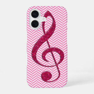 Coque iPhone 16 Clé de Sol Pailletée Rose Chaud sur Chevron Rose