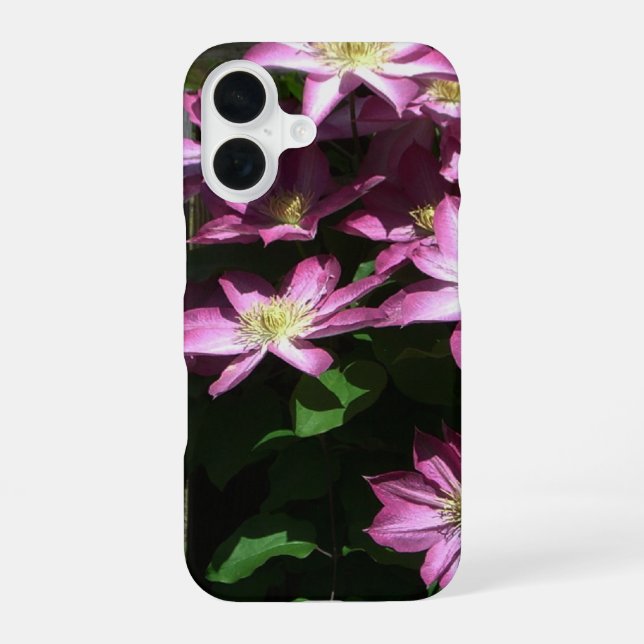 Coque iPhone 16 Clématite grimpante fleurs violettes de printemps (Verso)
