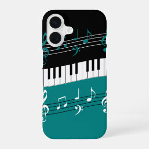 Coque iPhone 16 Clés et notes de piano Turquoise noir blanc