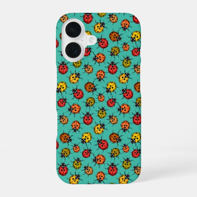 Coque iPhone 16 Coccinelles colorées sur turquoise (Verso)