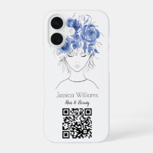 Coque iPhone 16 Code QR fille mignonne roses florales aquarelle bl