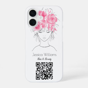 Coque iPhone 16 Code QR fille mignonne roses florales aquarelle ro