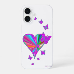 Coque iPhone 16 Cœur arc-en-ciel et papillon