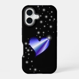 Coque iPhone 16 Cœur arc-en-ciel violet avec étoiles sur fond noir