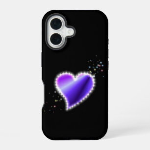 Coque iPhone 16 Cœur arc-en-ciel violet avec étoiles sur fond noir