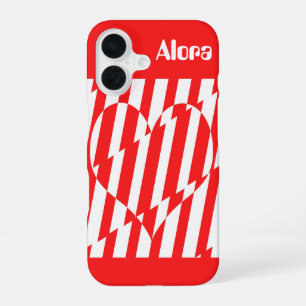 Coque iPhone 16 Cœur de la Saint-Valentin rayures blanches et roug