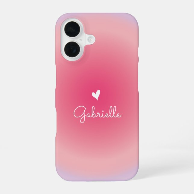 Coque iPhone 16 Cœur dégradé rose violet Minimal Script Nom (Verso)