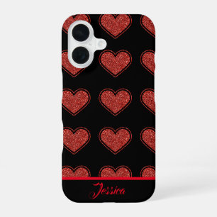 Coque iPhone 16 Coeurs de parties scintillant noir et rouge person