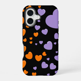 Coque iPhone 16 cœurs orange et violet à pois