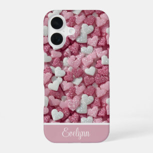 Coque iPhone 16 Cœurs Pailletés Personnalisés Amour/Saint-Valentin