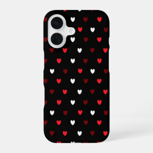 Coque iPhone 16 Cœurs rouges et blancs sur fond noir