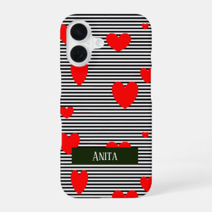 Coque iPhone 16 Cœurs rouges et rayures personnalisés