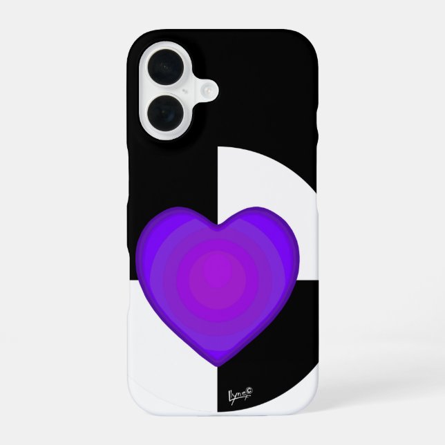 Coque iPhone 16 Cœurs violets B&W qui battent (Verso)