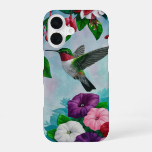 Coque iPhone 16 Colibri volant dans un jardin fleuri
