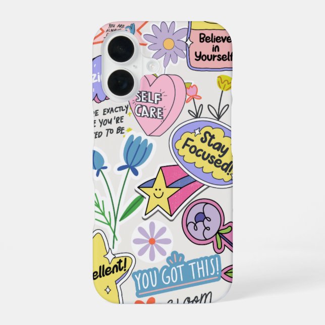 Coque iPhone 16 Collage d'autocollants d'affirmation positive (Verso)