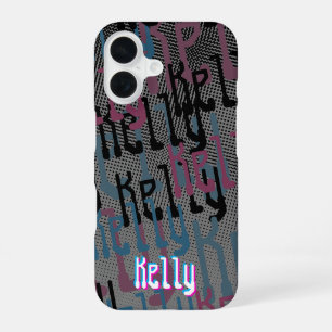 Coque iPhone 16 Collage de nom en demi-teinte rétro rose et bleu
