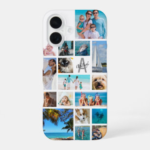 Coque iPhone 16 Collage de photos monogramme nom 17 photos blanc