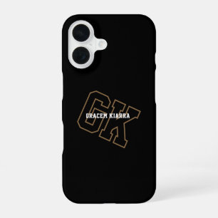 Coque iPhone 16 Collège Or Noir Monogramme Initiales Varsity