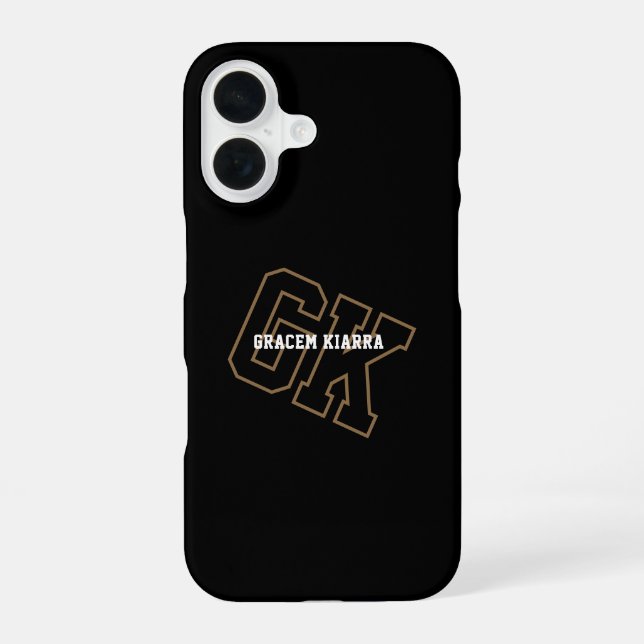 Coque iPhone 16 Collège Or Noir Monogramme Initiales Varsity (Verso)