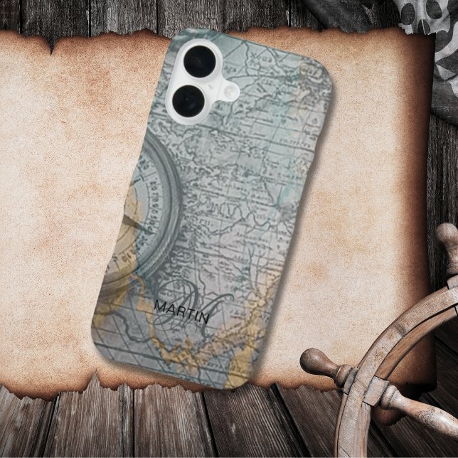 Coque iPhone 16 Compas Monogramme de Carte Vintage (Créateur téléchargé)