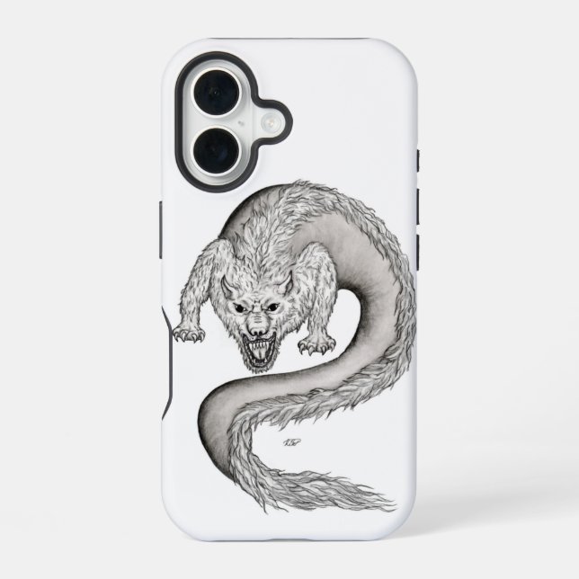 Coque iPhone 16 Conception de dragon loup noir et blanc (Verso)