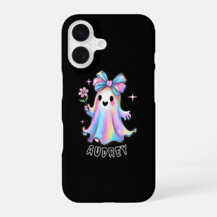 Coque iPhone 16 Conception de fantôme coloré avec nœud et fleur