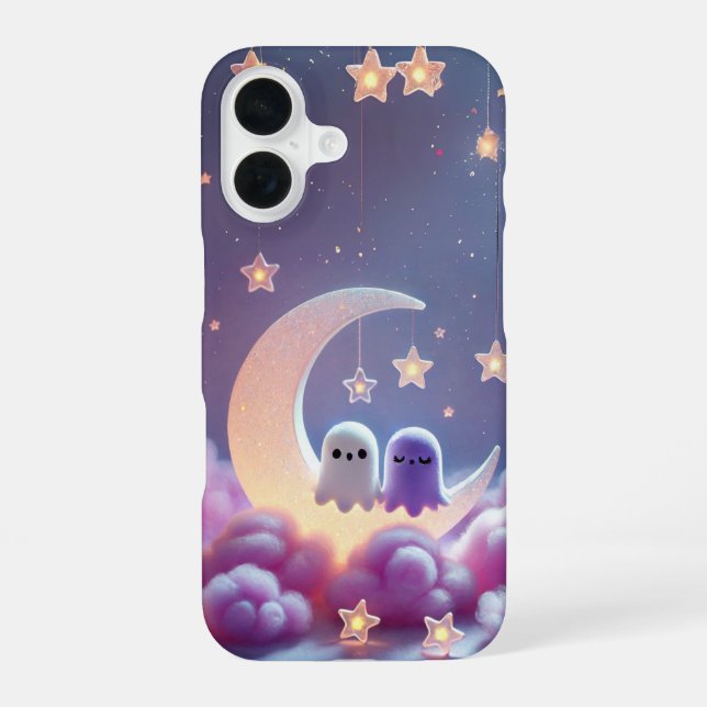 Coque iPhone 16 Conception de fantômes de couple sur la Lune (Verso)