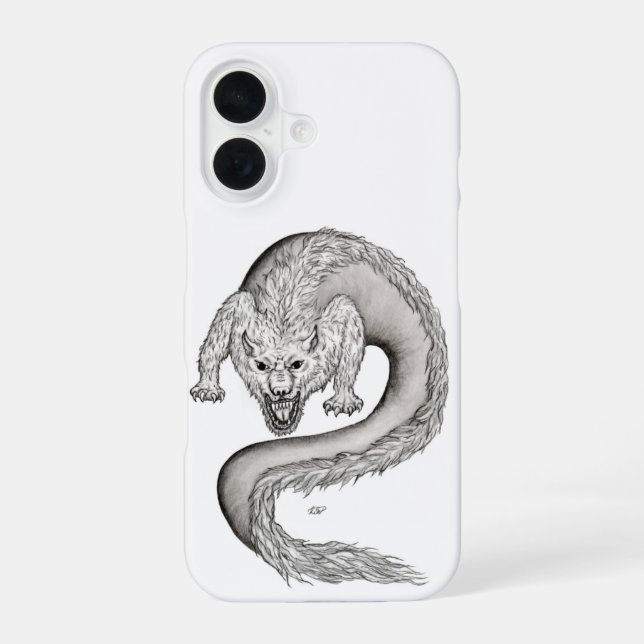 Coque iPhone 16 Conception de loup-dragon noir et blanc (Verso)