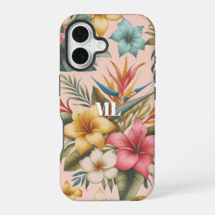 Coque iPhone 16 Conception de monogramme de fleurs tropicales d'îl