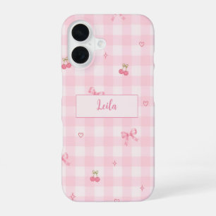 Coque iPhone 16 Conception de nom de script à nœud cerise en vichy