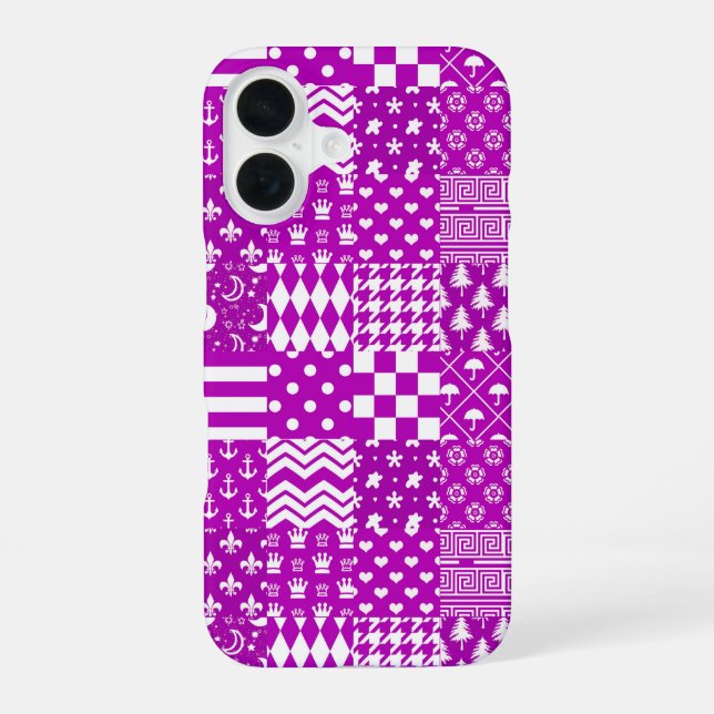 Coque iPhone 16 Conception de patchwork à motifs mixtes violet bla (Verso)
