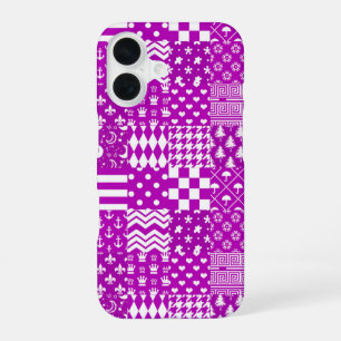 Coque iPhone 16 Conception de Patchwork Motifs mélangés violet bla