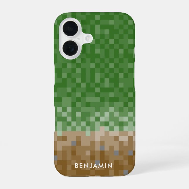 Coque iPhone 16 Conception de pixels verts et marron avec étui nom (Verso)
