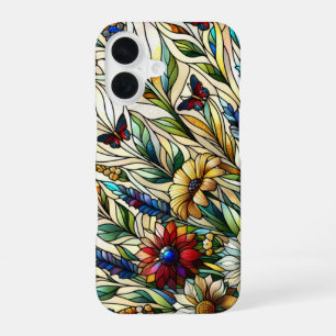 Coque iPhone 16 Conception de vitrail Fleurs sauvages et papillons