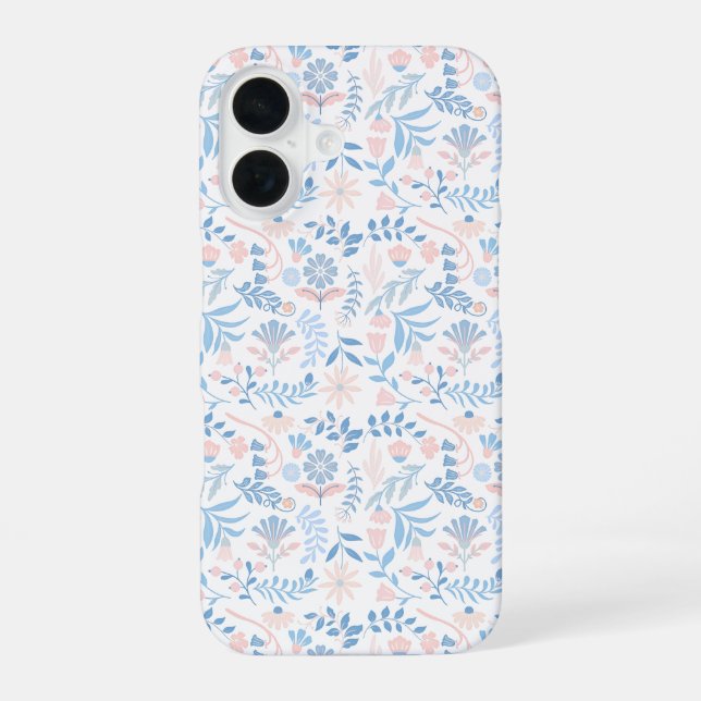 Coque iPhone 16 Conception florale boho impression bloc bleu rose  (Verso)