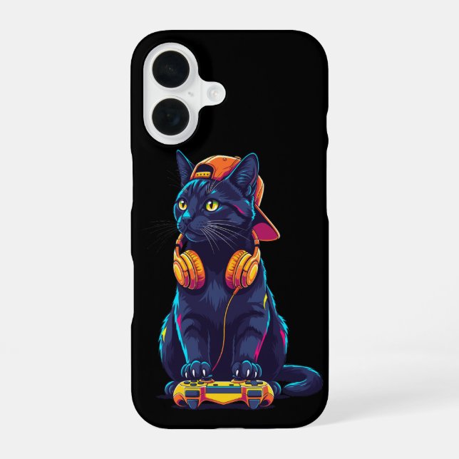 Coque iPhone 16 Conception Halloween Chat Noir Gamer Effrayant (Verso)
