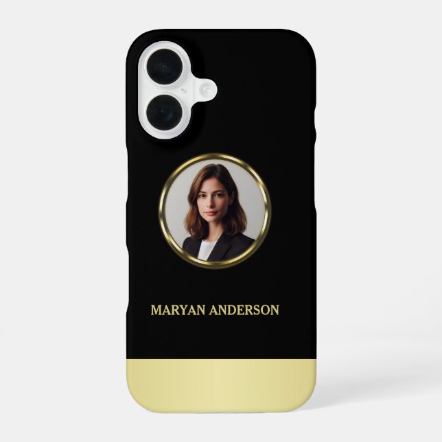 Coque iPhone 16 Conception noir et or, logo ou photo dans un cercl (Verso)