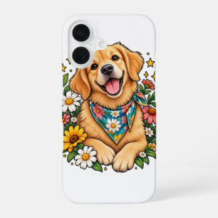 Coque iPhone 16 Conception numérique de Golden Retriever floral mi