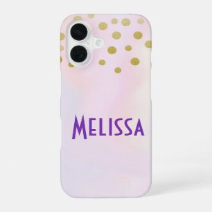 Coque iPhone 16 Confettis en or faux sur fond aquarelle violet