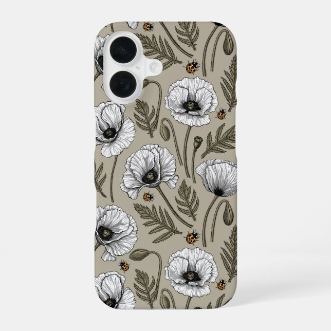 Coque iPhone 16 Coquelicots blancs et coccinelles (Verso)