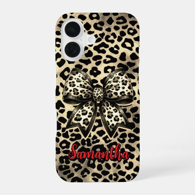 Coque iPhone 16 Coquette Marron Chic Léopard Noeud Monogramme (Verso)